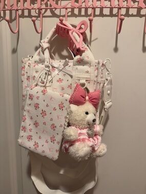 Madden Girl Floral Crossbody Bag with Plush Bear Charm - Pink